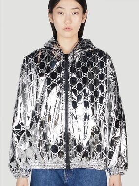 Gucci Silver Metallic GG Monogram Hooded Bomber Jacket New with Tags